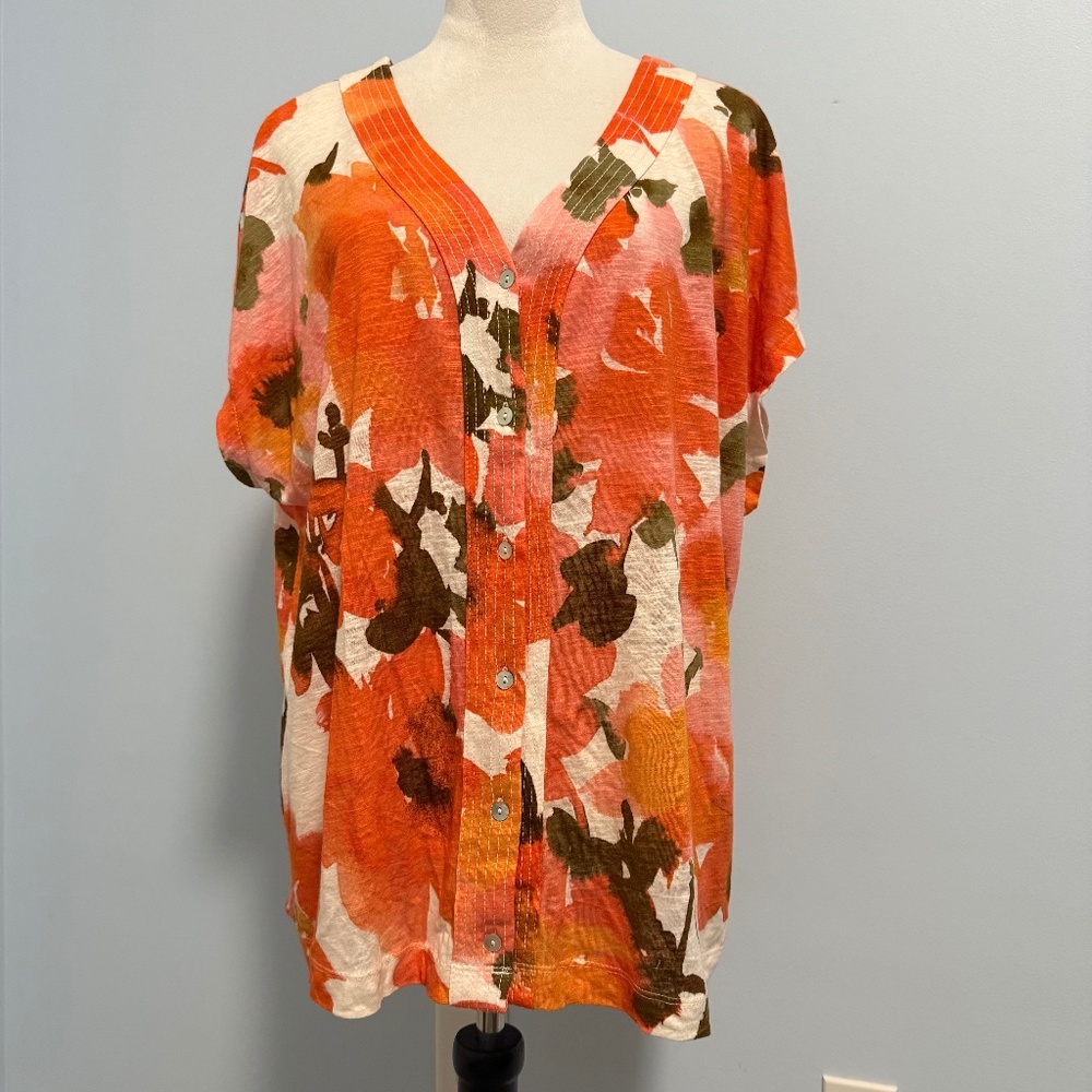 Joie Plus Short Sleeve Floral Print Linen Blend Top Blouse Size 2X